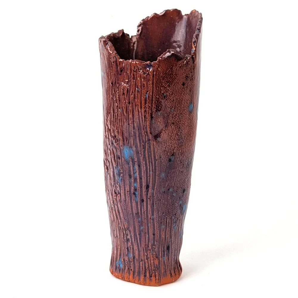 Studio Art Pottery Vase Brown Bark Texture Cobalt Blue Glaze Organic Modern 6in